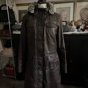 Danier Brown Genuine Leather Winter Jacket in Size Medium with a Faux Fur Hood.